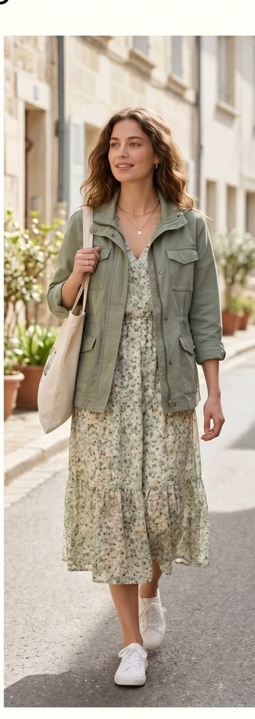 Floral Midi Dress + Utility Jacket inspirational AI fashion image
